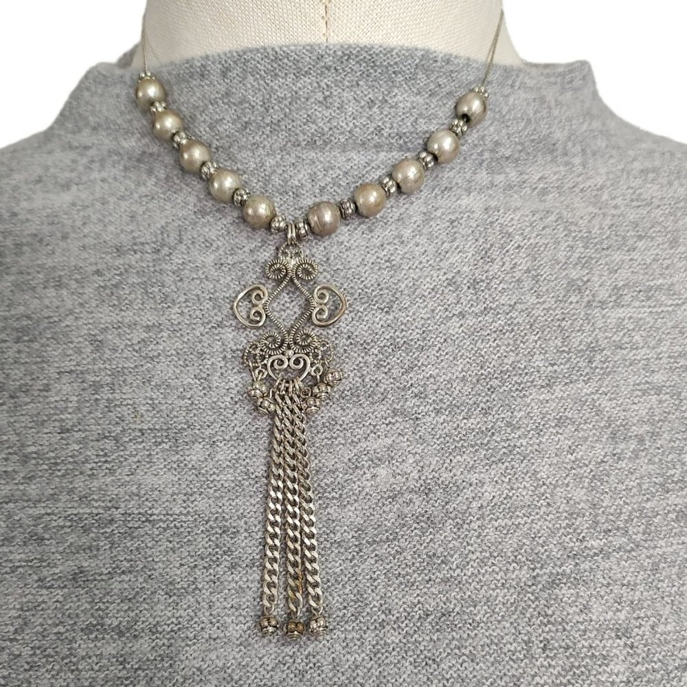 Stunning Silver Toned Wire and Beads Ornate Choker Earring Set Bisou Bisou - Picture 2 of 8